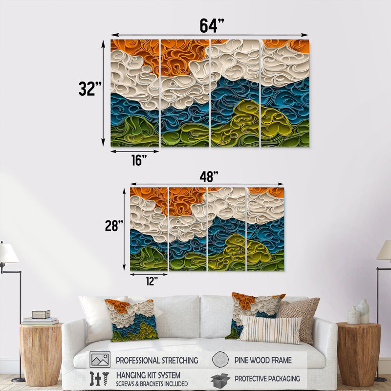 Biomorphisme de la terre, rythme I, chaos IV - art mural terre - ensemble d'art mural moderne, H 28 po x l 48 po, 4