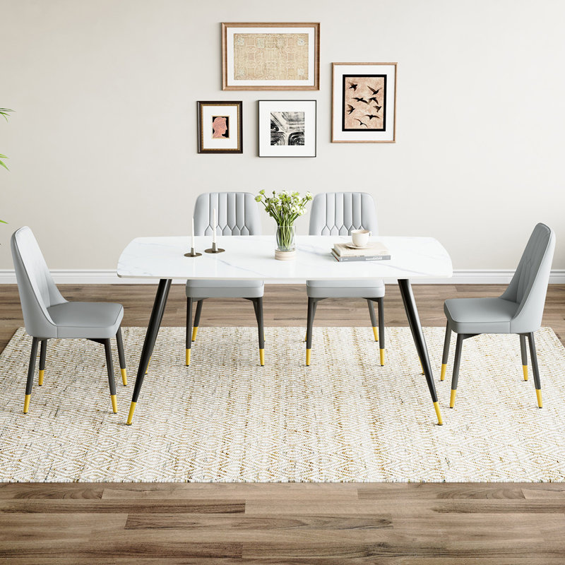 Marble Top Dining Set, Light Gray, Black, 5
