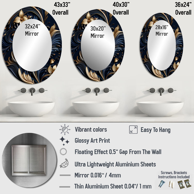 Opulent Allure Deep - Miroir décoratif damassé ovale sur métal, H 36 po x l 24 po