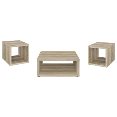 Rizz 3Pc Square Coffee and End Table Set w Shelf, Distressed Pine Wood