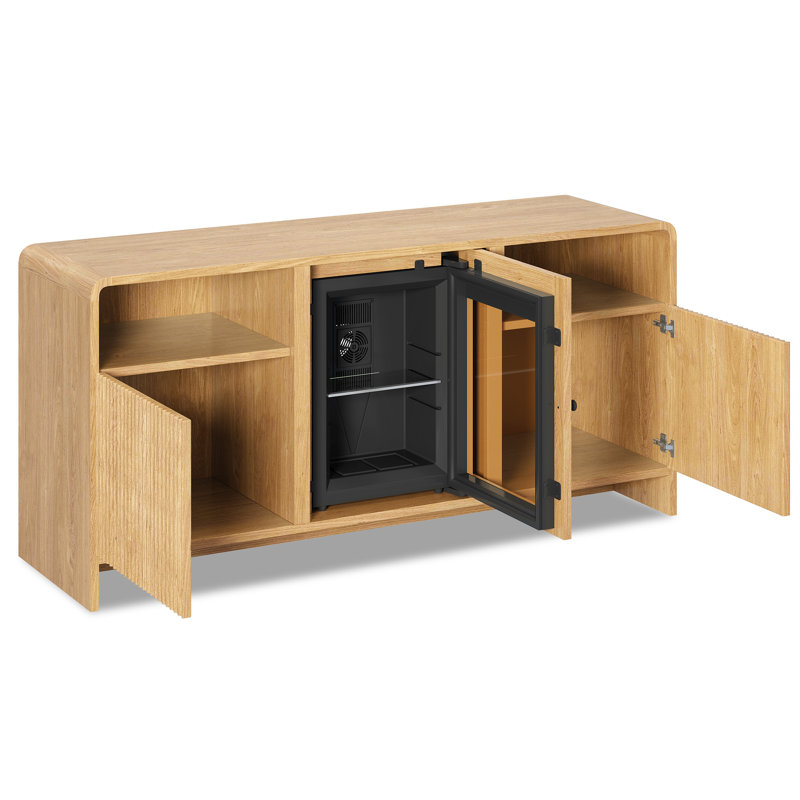 Armoire à café 60 po avec mini réfrigérateur intégré, buffet avec portes cannelées en forme d'ondes et tablettes réglables pour la cuisine, la salle à manger, chêne clair
