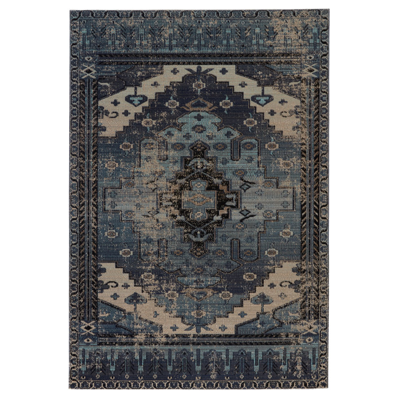 Blue and Gray Medallion Synthetic 4' x 6' Reversible Rug