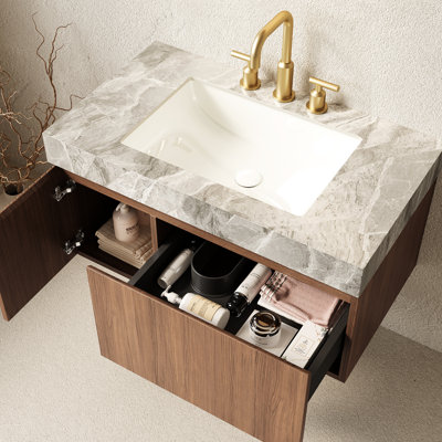 36" Floating Bathroom Vanity With Sink, Plywood Storage, Gray Sintered Stone Top, Ceramic Basin, 3 Faucet Holes, Pre - Assembled, Brown Oak, Water Proof Wood, Smooth Drawer & Cabinet, Drilled Heat