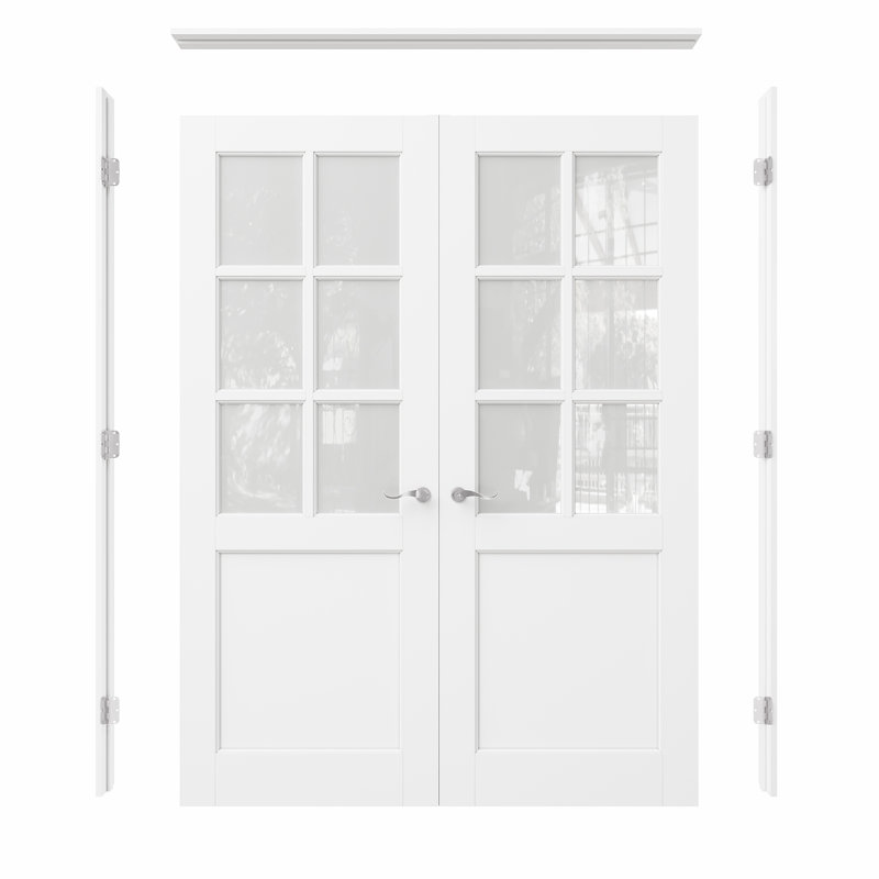 Intérieur de la porte en verre givré 6-Lite, portes françaises en verre trempé CARB P2 MDF et SGCC, quincaillerie en nickel mat / nickel satiné - levier de porte d'intimité avec serrure, loquet et charnières, pré-fini et imperméable, garde-manger