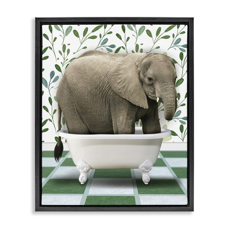 «Bathing Elephant on Green Floater», art mural sur toile par Marcus Prime, H 31 po x l 25 po, Cadre flottant noir de jais