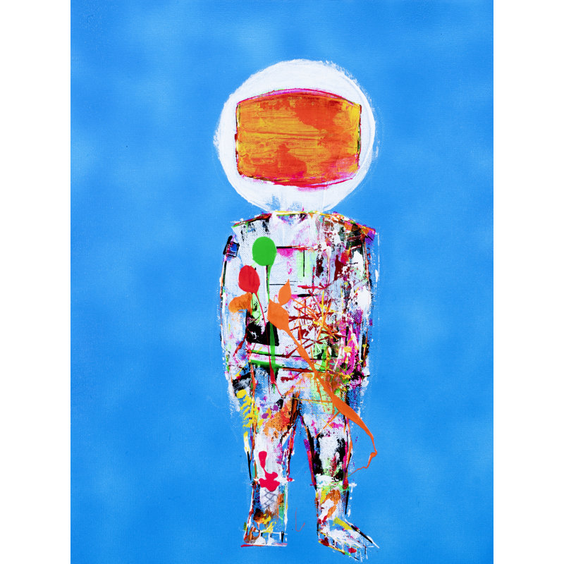 Astronaut on Blue # 3 par Jphono 1 - peinture encadrée, Papier avec cadre noir, 32" H x 24" W