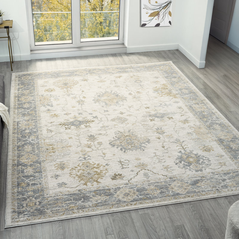 Tapis d'intérieur tissé damassé performance ivoire / bleu Fresnal, 5 pi x 7 pi 10 po