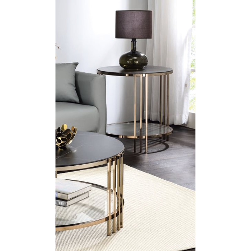Table d'appoint en pierre frittée couleur champagne, élégante et moderne, 1 tablette, 58 x 58 x 61 cm, finition noire, luxueuse.