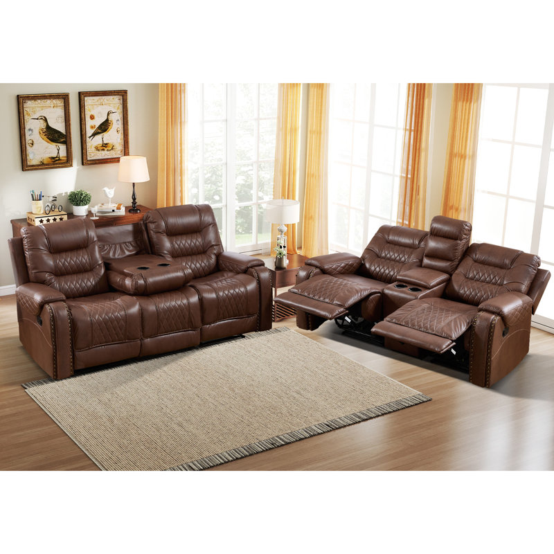 Ensemble de salon inclinable manuel en similicuir 2 pièces - Siège spacieux avec rangement et porte-gobelets, Marron clair