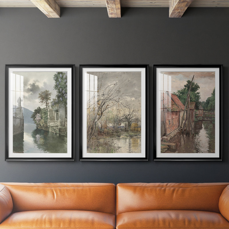 «Vintage Landscape CXV III», reproduction sur mesure encadrée de qualité supérieure - 3 pièces, H 19 po x l 27 po, Noir
