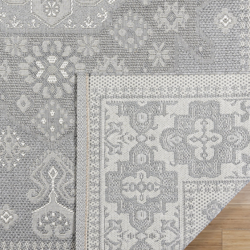 Moorebank Gavin Traditional Bohemian Medallion Border Gray Cream Flatweave Indoor/Outdoor Area Rug, Rectangle 5'3" x 7'