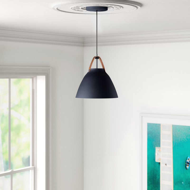Luminaire suspendu en forme de dôme 1 lumière Gianni, H 14,5 po x l 14,25 po x P 14,25 po, Cuir brun clair / noir