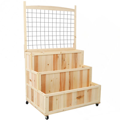 Lit de jardin surélevé à 3 niveaux avec treillis, boîte à fleurs verticale H 53 "avec roues et espace de rangement arrière, pour fleurs, légumes, herbes