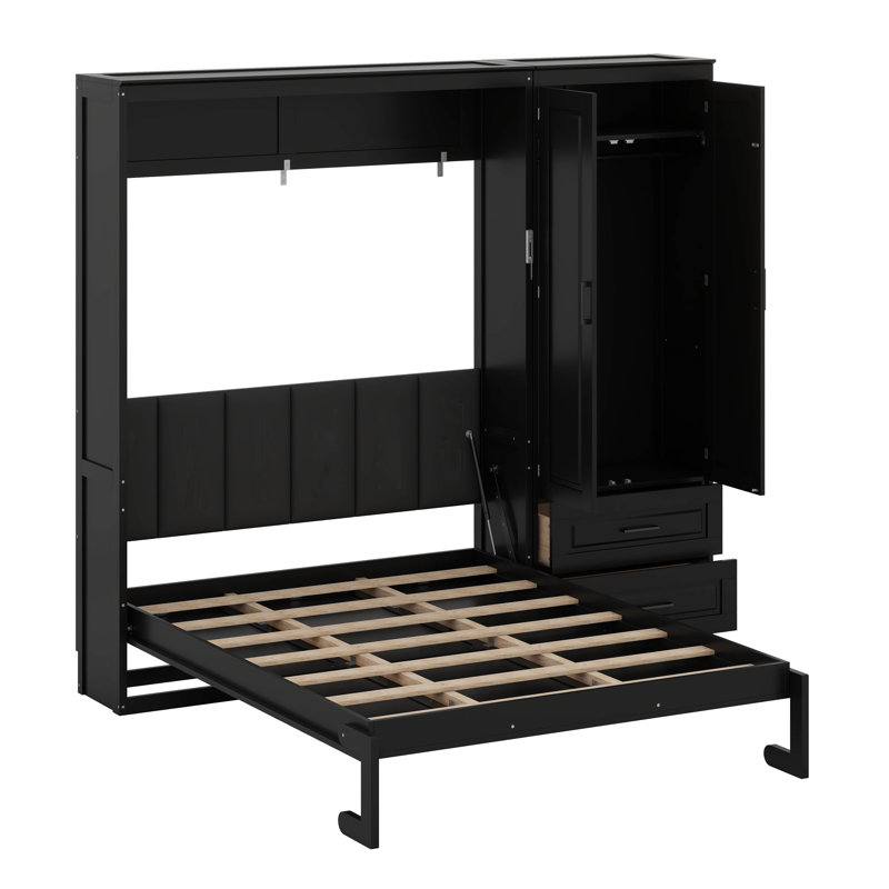 Lit escamotable Farmhouse multifonctionnel avec garde-robe et tiroirs, lit plateforme pliable grand format, Noir