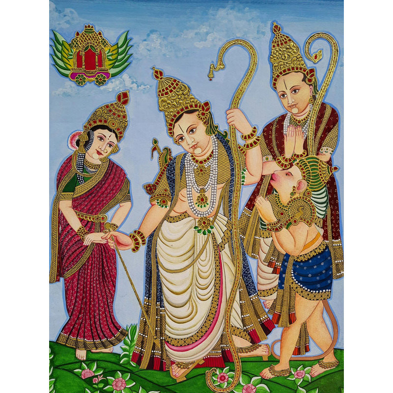 Shri Ram Darbar avec Hanuman | Peinture de style monsore | Couleur naturelle sur toile | Par Shashank Bhardwaj