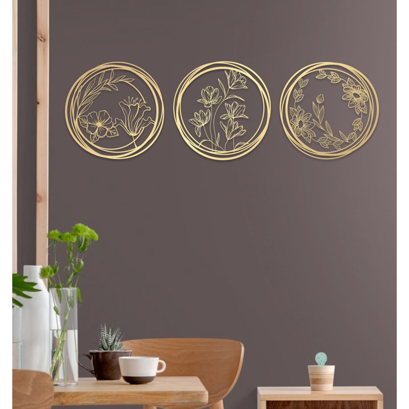 Flowers Metal Wall Art Décor, Floral Wall Set for Housewarming Gift, New Home & Office Decoration, Matte Gold