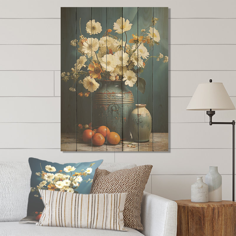 Céramique blanche rétro - Poterie Boho sur bois, H 32 po x l 24 po