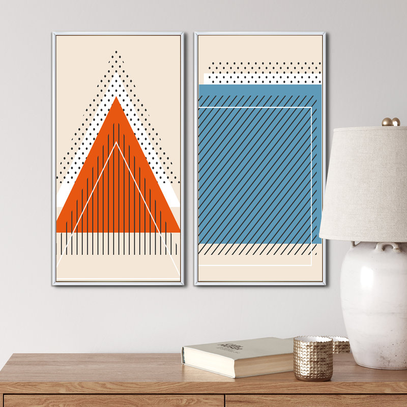 Minimal 20S Bauhaus Geometric VI - ensemble de 2 peintures, H 32 po x l 32 po x P 1 po, Cadre blanc