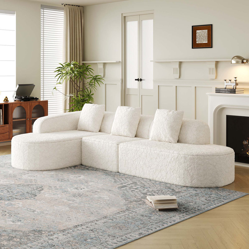 Canapé modulaire incurvé en L de 111,8 po avec tissu texturé litchi et trois coussins pour un confort accru, White