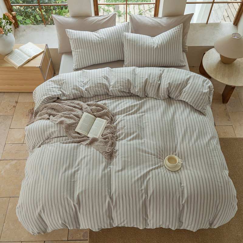 Ensemble de housse de couette rayé 100% coton délavé DONEUS, Housse de couette grand et 2 taies d'oreiller stan