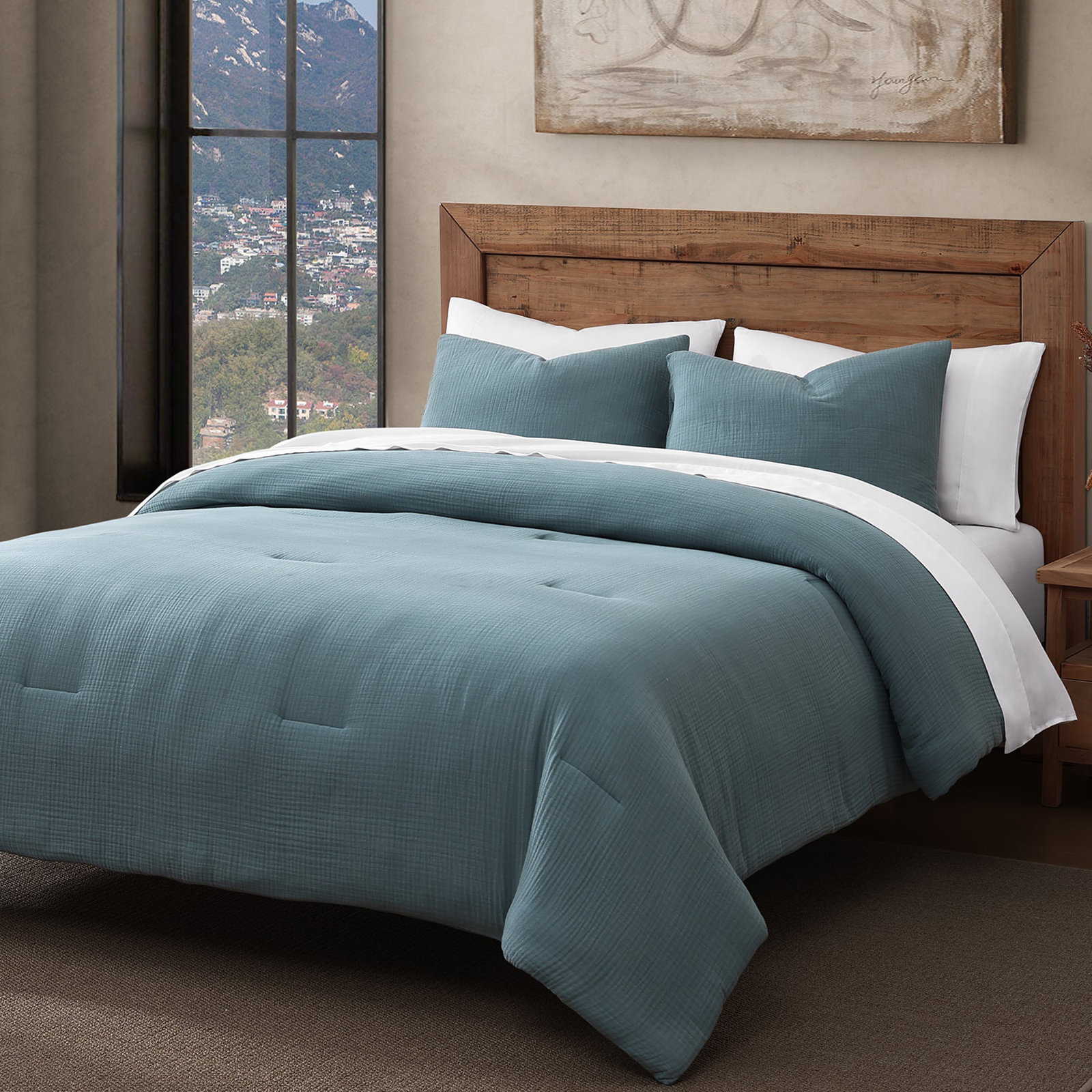 Cotton Voile Classic Casual Modern Rustic Soft And Lightweight Comforter Set, Twin Comforter + 1 Standard Sham, Storm Blue