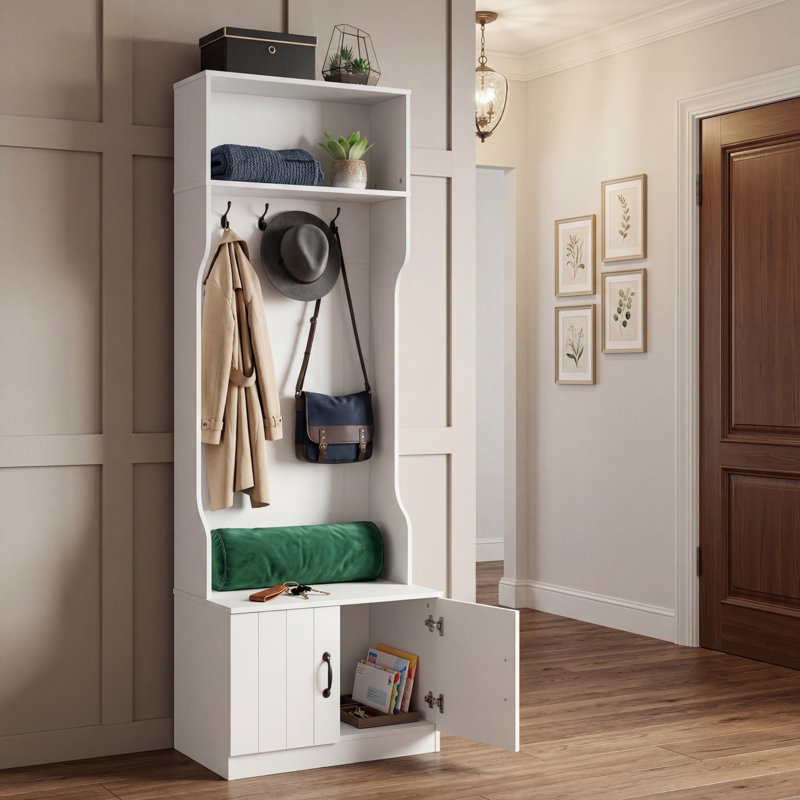 Modern Three-In-One Entryway Storage Coat Rack, Featuring A Bench, Shoe Cabinet, Adjustable Shelves, Four Hooks, And A Double-Door Cabinet; Suitable For Living Rooms And Hallways; White.