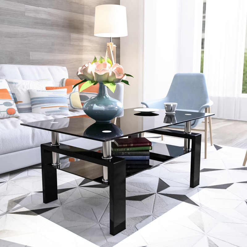 Table basse rectangulaire en verre noir, table basse, tables d'appoint modernes pour le salon, meubles de salon