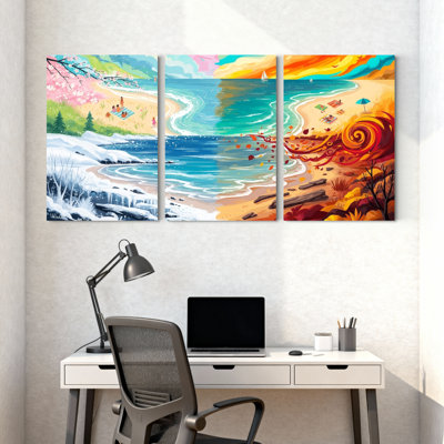 Nautique et plage, printemps, été, automne, hiver, paysage, ensemble de 3 reproductions d'art sur toile