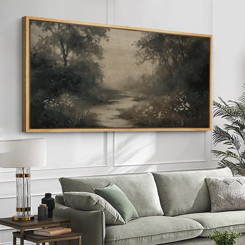 «Moody Dark Green Forest River», œuvre d'art moderne sur toile encadrée, impression numérique sur toile, H 30 po x l 60 po