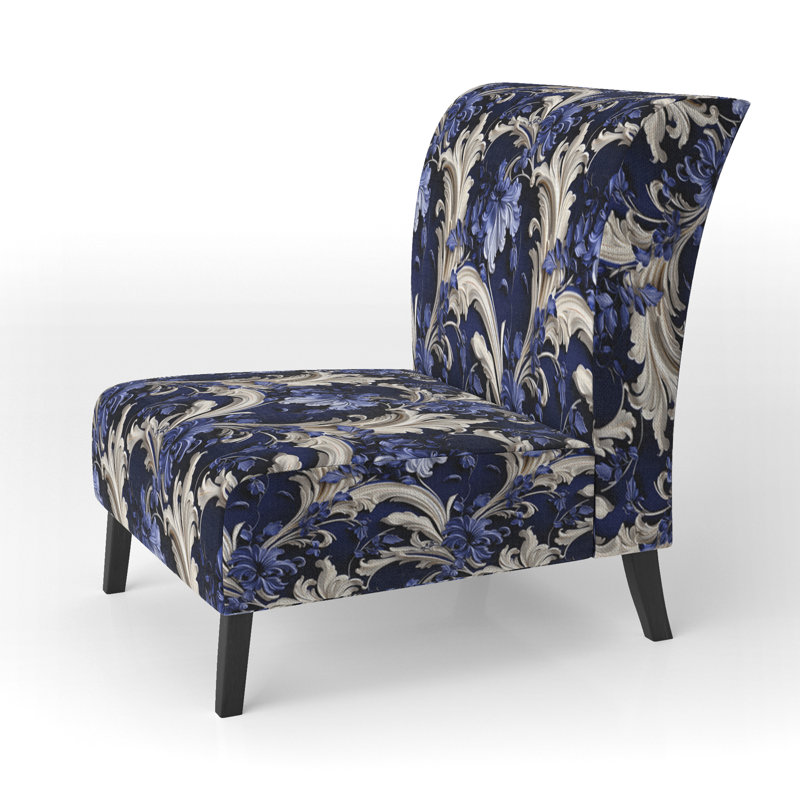 Cobalt Blue Baroque Scrolls Victorian Pattern - Upholstered Farmhouse Slipper Chair, Blue Accent Chair