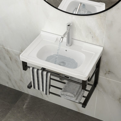 Lavabo de salle de bain mural rectangulaire en céramique avec barre à serviettes noire, lavabo 23,75 "x 15,75" avec trop-plein | Idée de cadeau