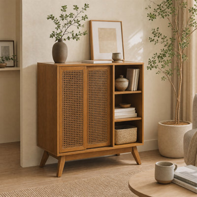 Mid-Century Modern Rattan Sideboard Cabinet with Adjustable Shelf & Cable Management Hole, Brown