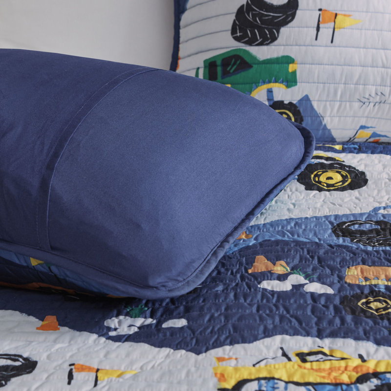 Blue Monster Truck Microfiber Reversible Twin Quilt Set