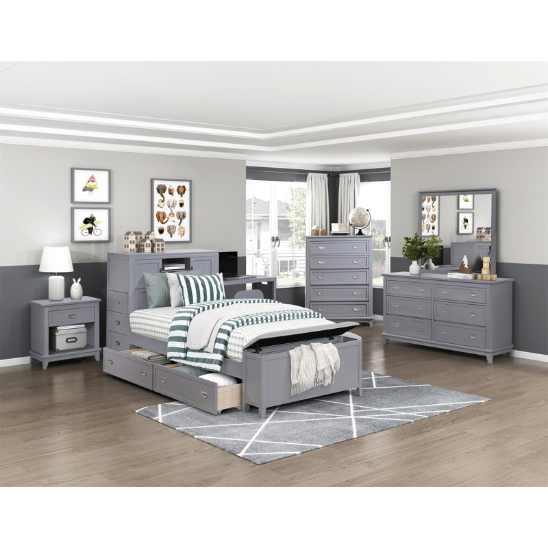 Commode à finition grise avec 6 tiroirs et meubles de chambre à coucher modernes en bois, Gris