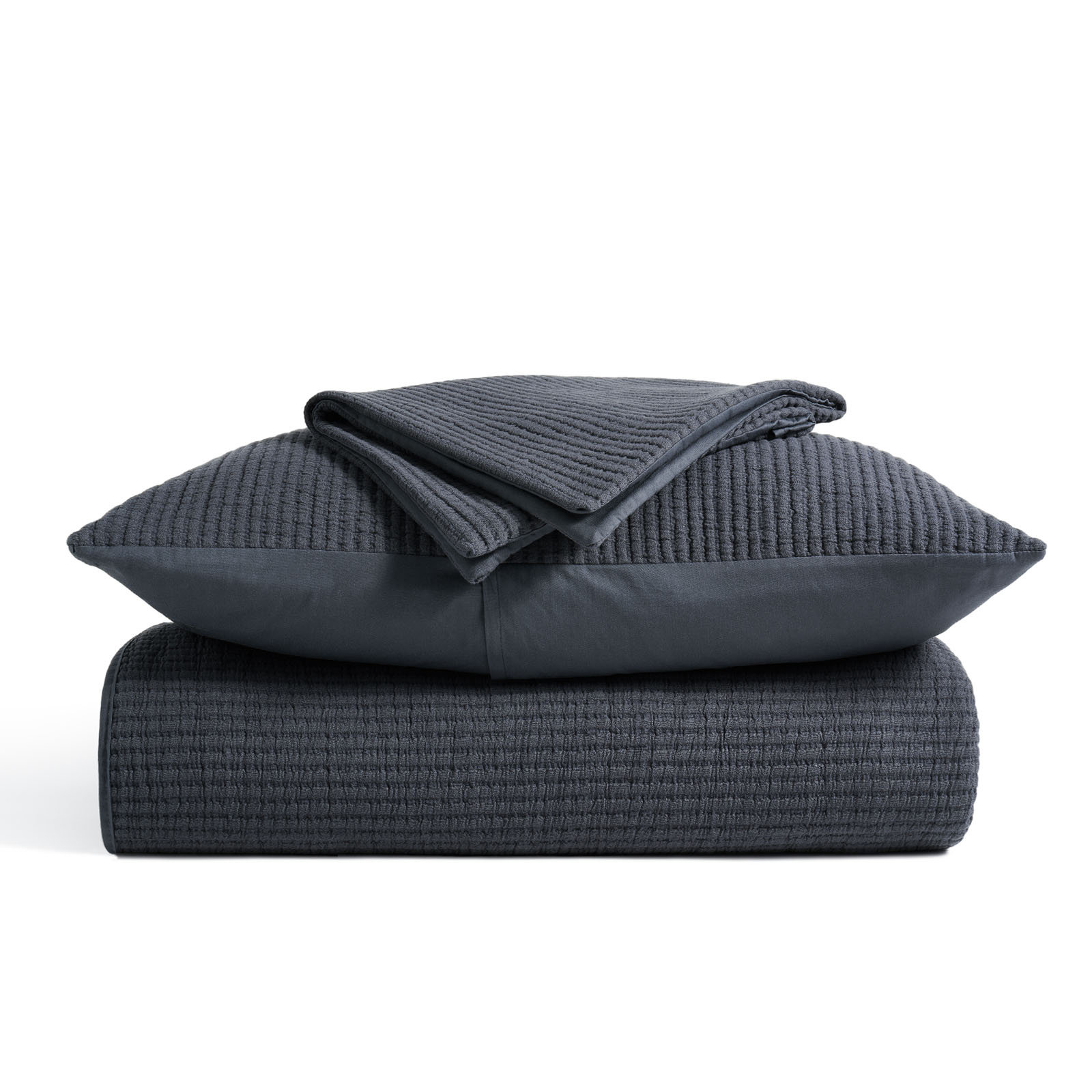 Ribbed Matelassé Cotton Coverlet Set, King Quilt + 2 King Shams, Midnight Blue