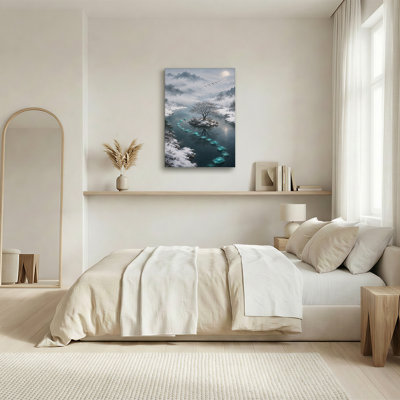 Snowy Mountain River With Glowing Teal Stones And Bare Tree Canvas Wall Art