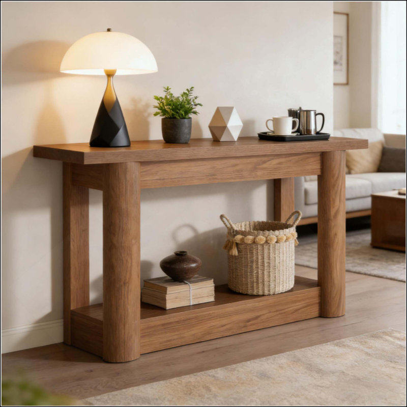 Console Farmhouse avec pieds incurvés, table d'appoint d'entrée à deux niveaux avec tablette de rangement ouverte, canapé robuste en panneau de fibres à densité moyenne pour le couloir du salon