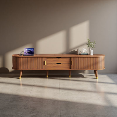 Wooden Oval Fluted TV Stand With Charging Station For TV Up To 80", Mid-Century Media Console With Sliding Tambour Door, Farmhouse TV Cabinet With Gol by George Oliver