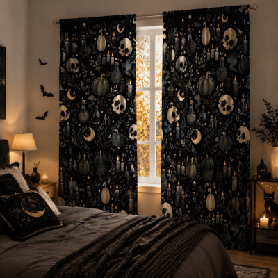 2Pcs Gothic Skull Pumpkin Candle Moon Curtains, Dark Halloween Patterned Modern Farmhouse French Country Light Filtering Curtain For Living Room Bedroom Kitchen Rod Pocket Window Drapes, Decor