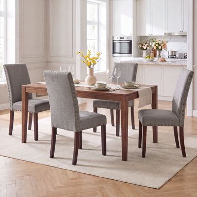 Bontrager Upholstered Nailed Trim Linen Parsons Dining Chairs with Solid Wood Legs