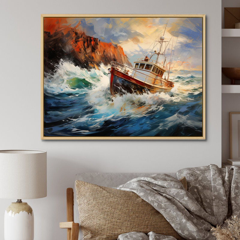 Tempête rêveuse de bateau de pêche - impression, H 30 po x l 40 po x P 1,5 po, Cadre naturel flottant