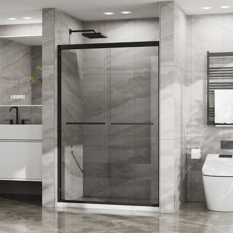 Cabine de douche 48 po x 72 po - Porte coulissante double, verre trempé, cadre noir mat, instruments en acier inoxydable l 48 po x H 72 po, noir transparent, fils