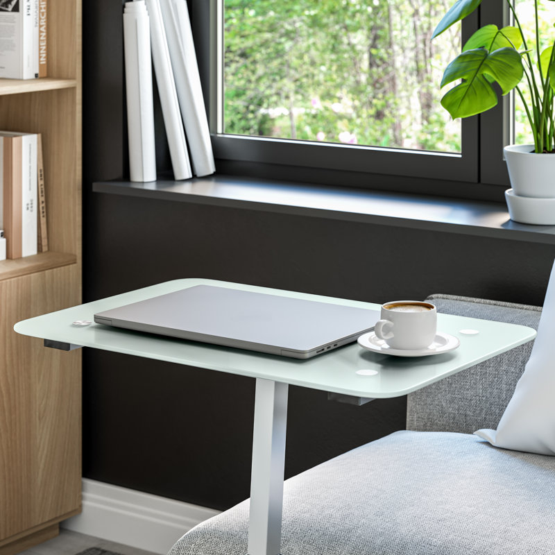 White Adjustable Height Glass Mobile Laptop Desk Cart