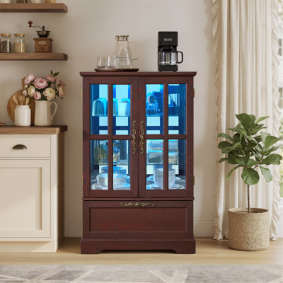 Vitrine en cerisier foncé avec bande lumineuse RVB en couleur et tiroir rabattable, bibliothèque de rangement autoportante pour la salle à manger, le salon, la chambre à coucher et le vestibule