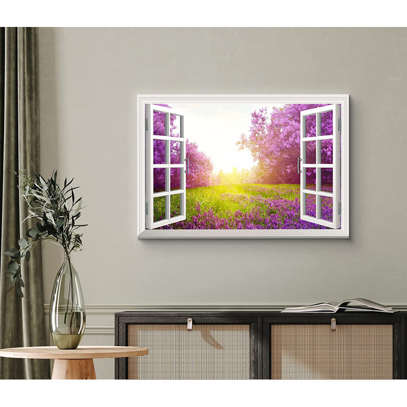 Fenêtre, paysage, fleur mauve et prairie verte sous un soleil éclatant - impression sur toile tendue, H 24 po x l 36 po