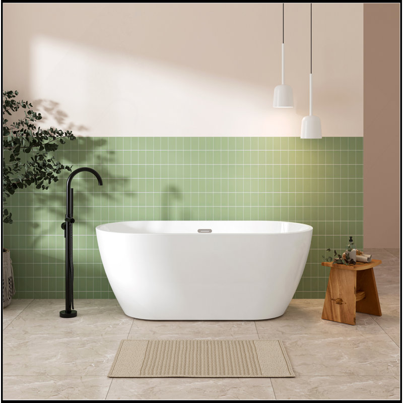 Baignoire de trempage autoportante en acrylique brillant de 59 po avec trop-plein à fente classique et drain chromé, certifié Cupc