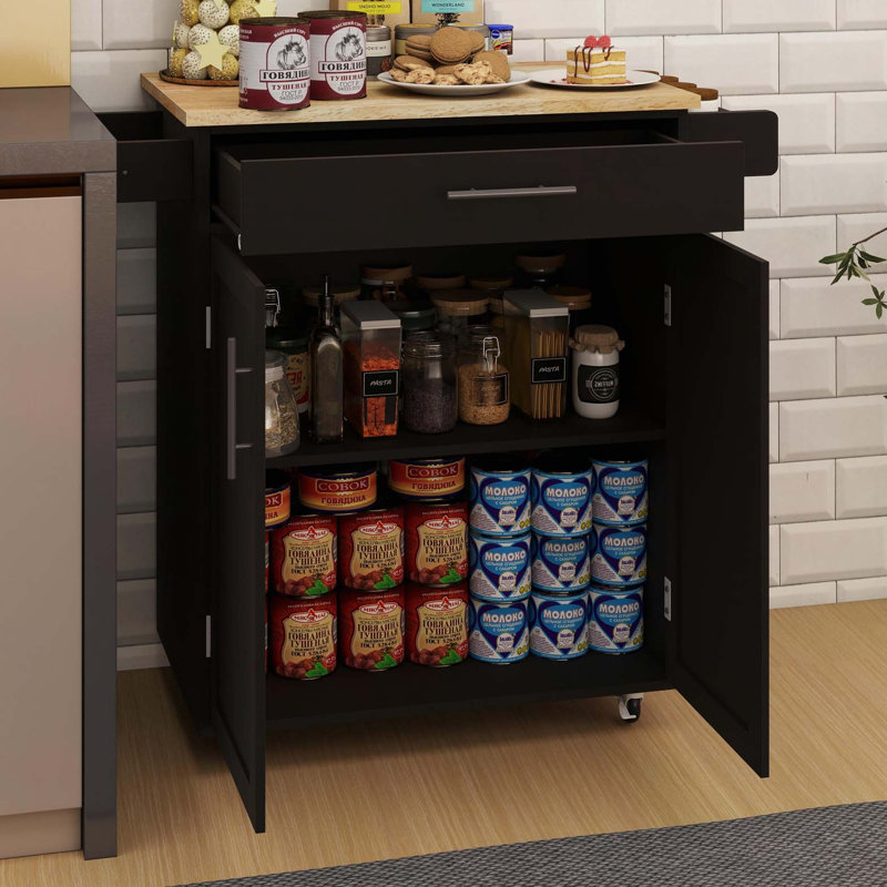 Kitchen Island Rolling Trolley Cart With 1 Drawer & 2 Doors With Adjustable Shelves & Towel Rack & Seasoning Rack Rubber Wood Table Top - Black
