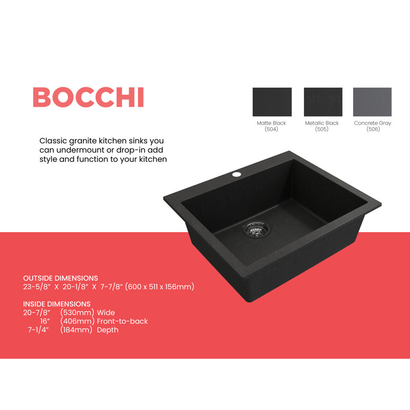 Campino 24'' L Single Basin Kitchen Sink, Metallic Black