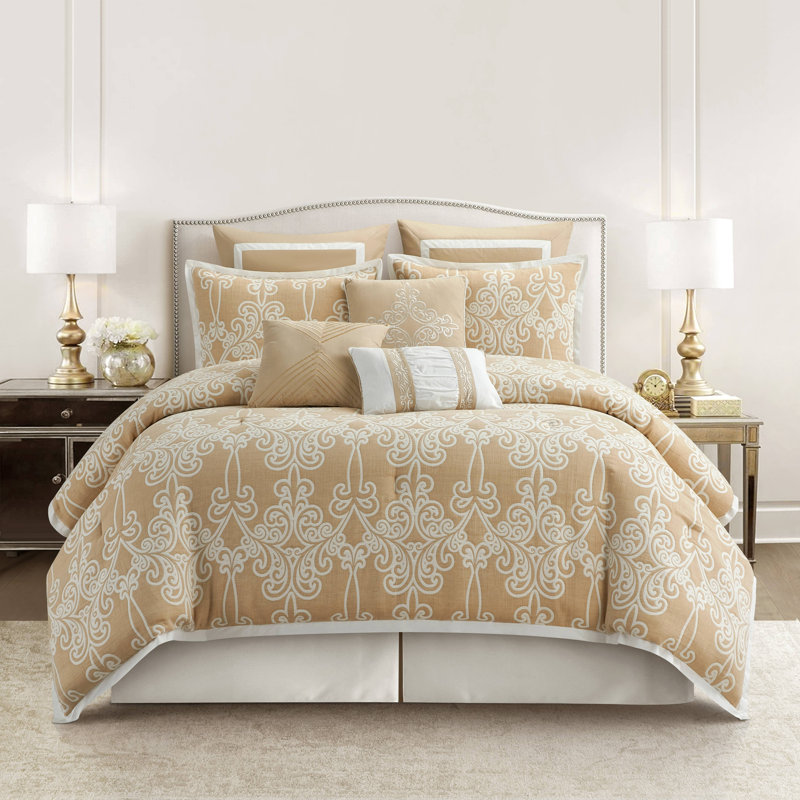 Djazira 9 Piece Cotton Blend Damask Comforter Set, King Comforter + 8 Additional Pieces 