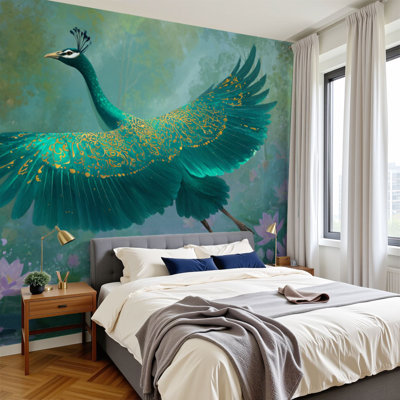 Minimalist Peel and Stick Wallpaper Emerald Feathered Bird Soaring Peaceful Dawn Pond Wall Murals 100"H x 144"W Removable PVC Wall Paper Self-Adhesive Wall Decor for Bedroom Living Room Home Office